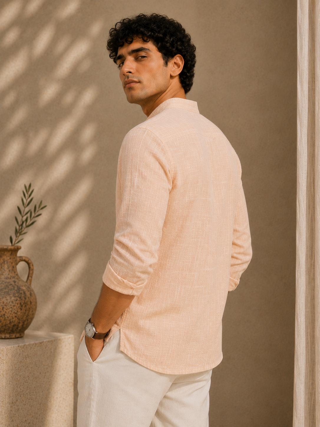 Blush Peach Linen Kurta Shirt - Mandarin Collar