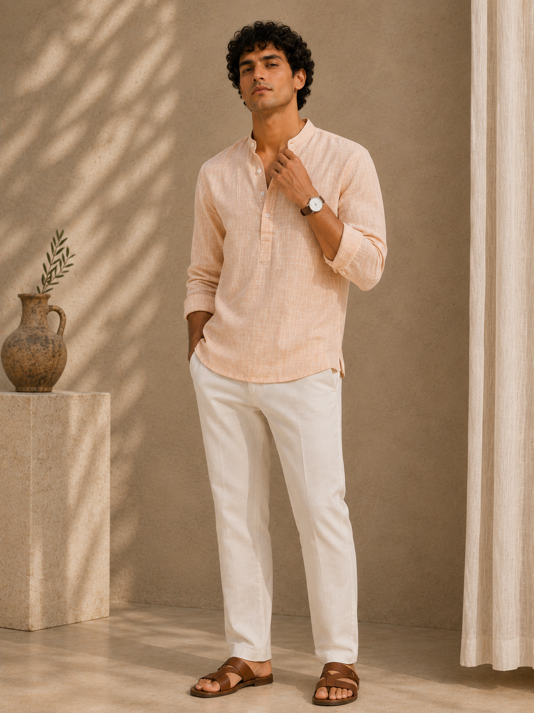 Blush Peach Linen Kurta Shirt - Mandarin Collar
