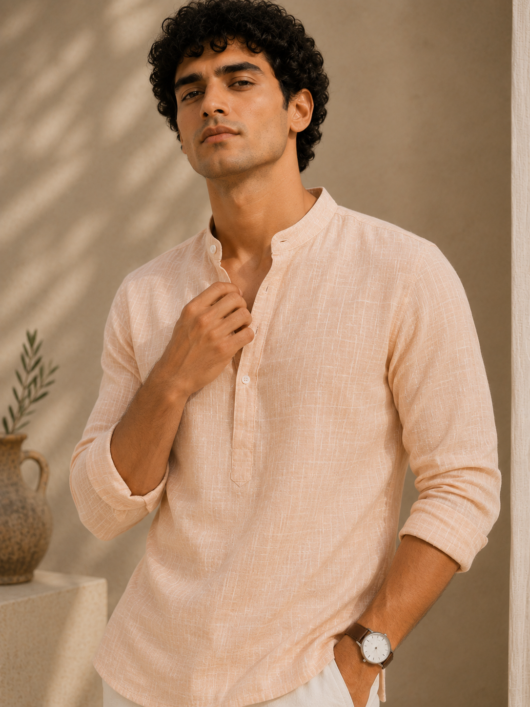 Blush Peach Linen Kurta Shirt - Mandarin Collar