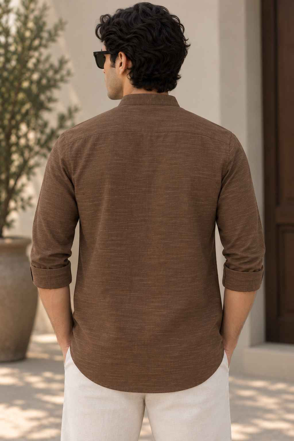 Earthy Brown Linen Blend Kurta Shirt - Mandarin Collar