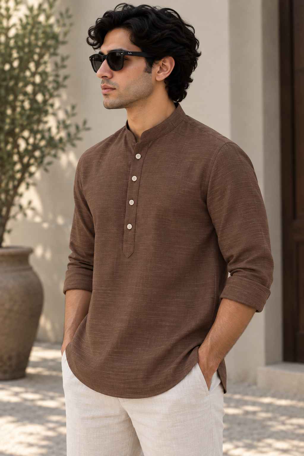 A man wearing a brown long-sleeve henley shirt with white pants and black sunglasses, standing outdoors in front of a neutral wall.