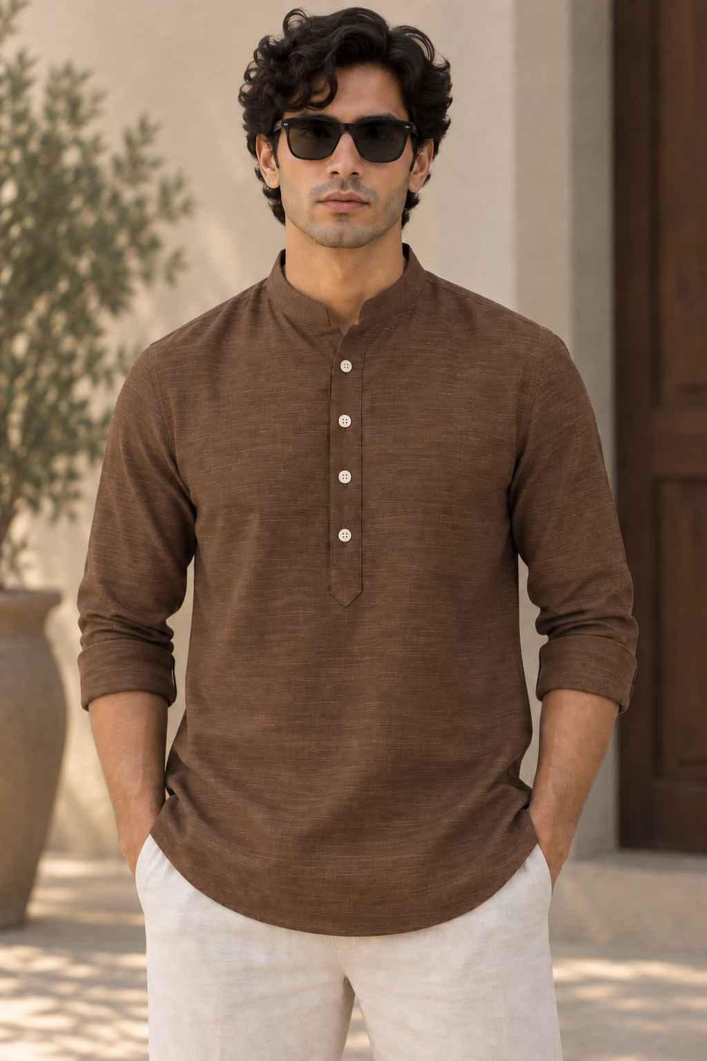 Earthy Brown Linen Blend Kurta Shirt - Mandarin Collar