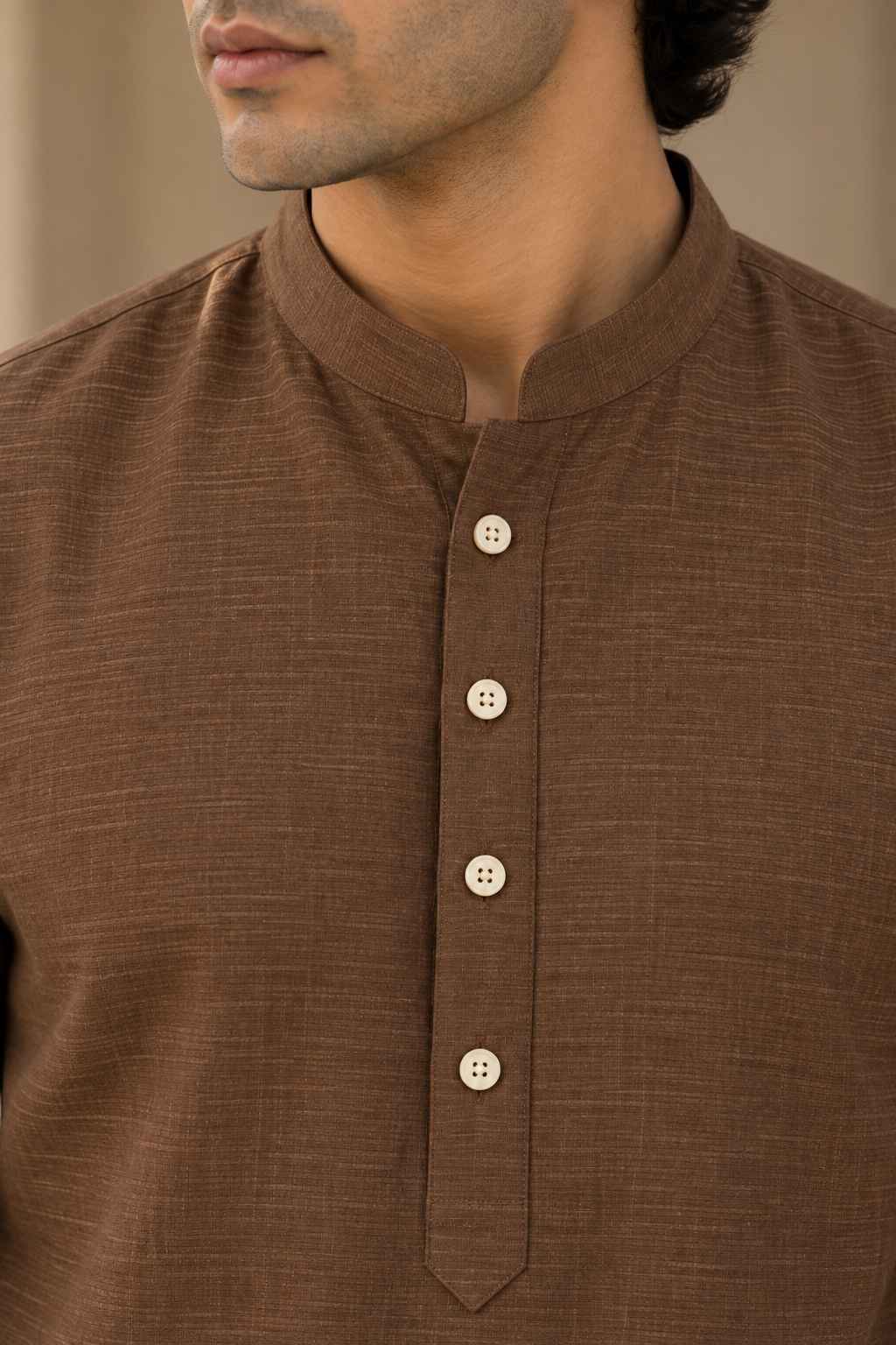 Earthy Brown Linen Blend Kurta Shirt - Mandarin Collar