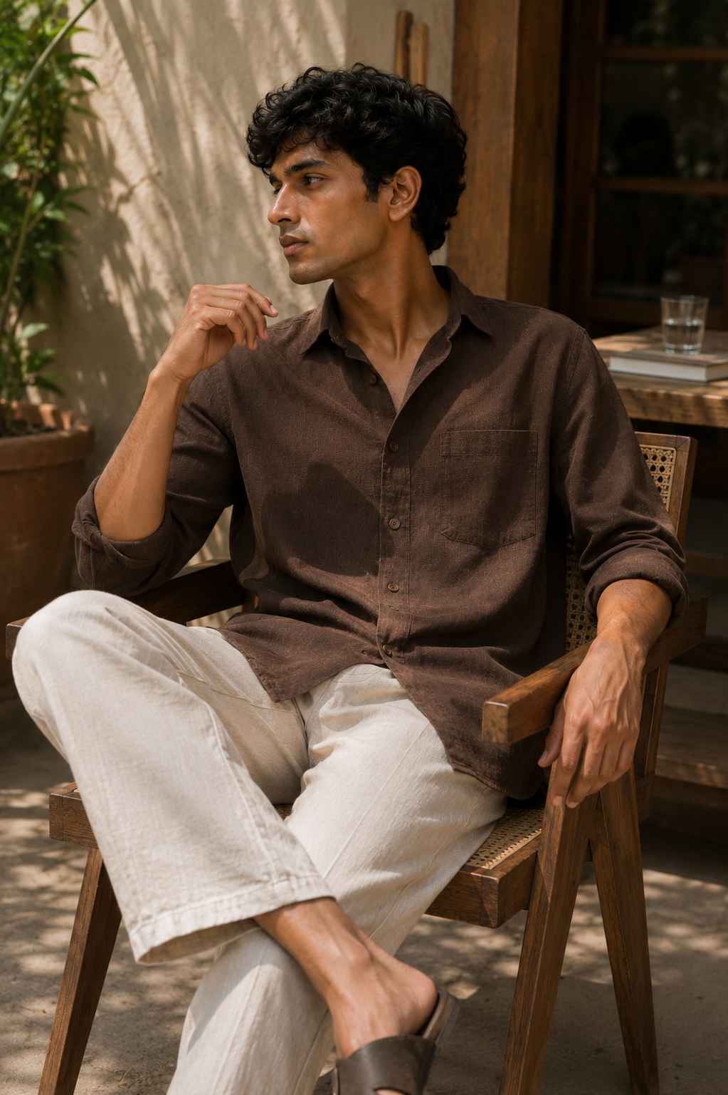 Man sitting on a wooden chair wearing a brown shirt and light-colored pants in an outdoor setting.