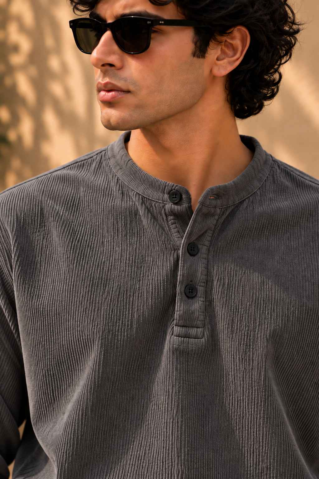 Charcoal Grey Henley T-Shirt - Textured Cotton