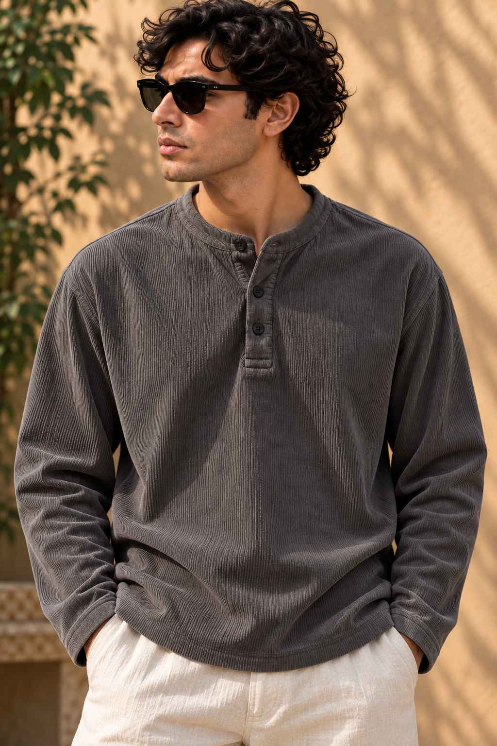 Charcoal Grey Henley T-Shirt - Textured Cotton