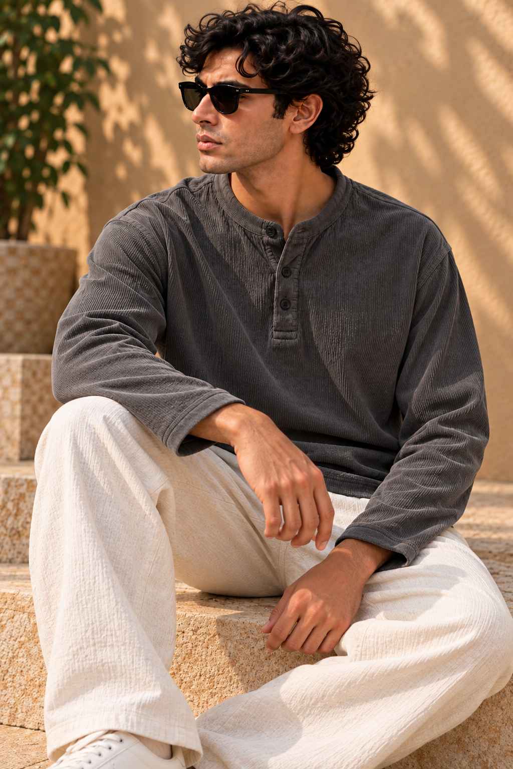 A man wearing a dark gray long-sleeve henley shirt and off-white textured trousers, sitting on stone steps outdoors.