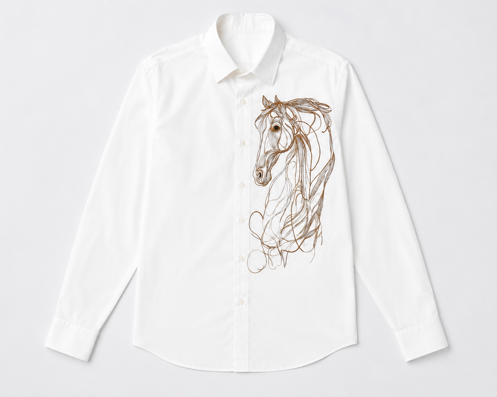 White shirt with a horse design on a white background