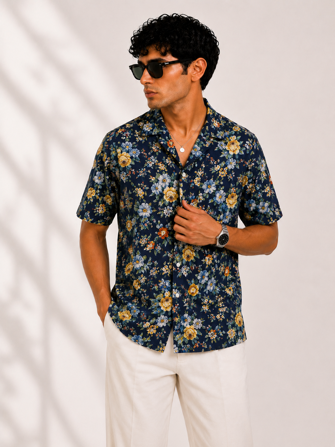Navy Floral Cuban Shirt