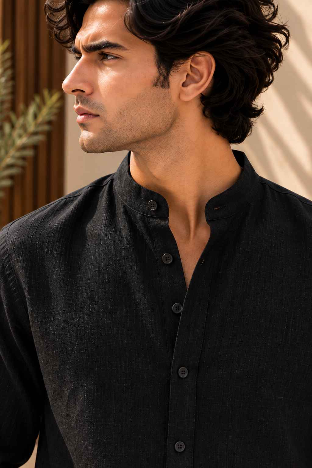 Black Pure Linen Shirt - Mandarin Collar
