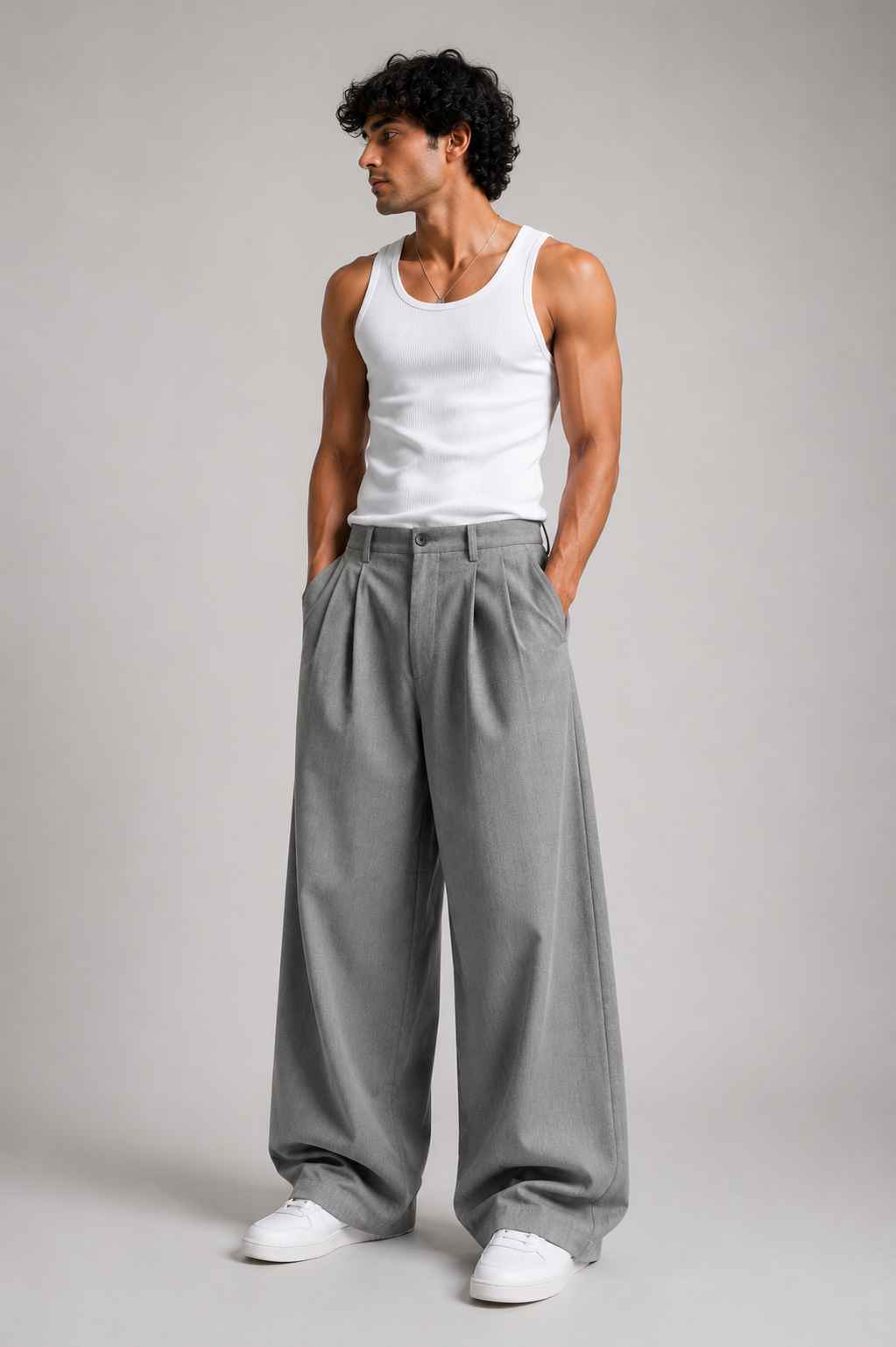 Cotton Baggy Fit Pants - Steel Grey Textured