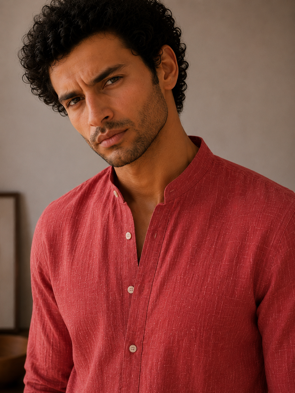 Crimson Red Linen Kurta Shirt - Mandarin Collar