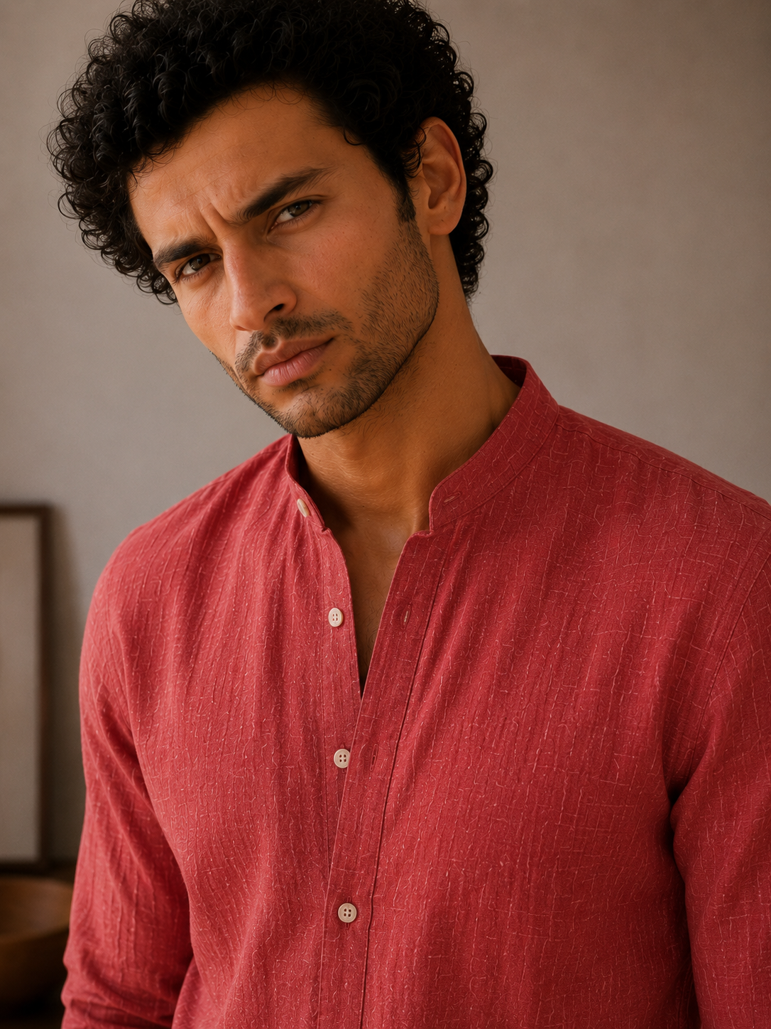 Crimson Red Linen Kurta Shirt - Mandarin Collar