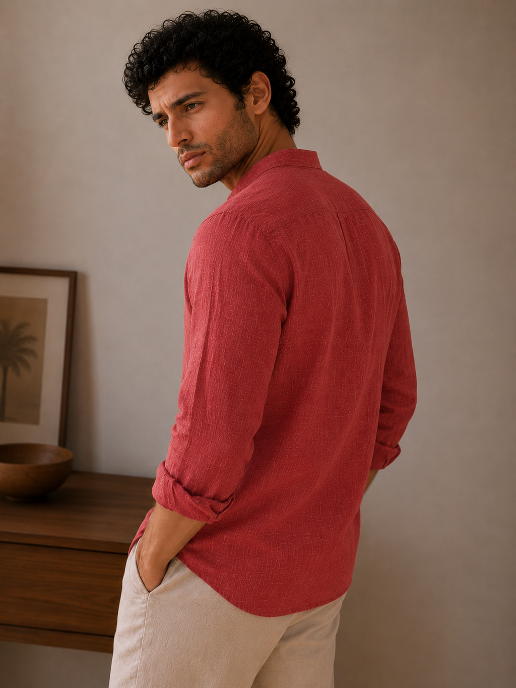 Crimson Red Linen Kurta Shirt - Mandarin Collar