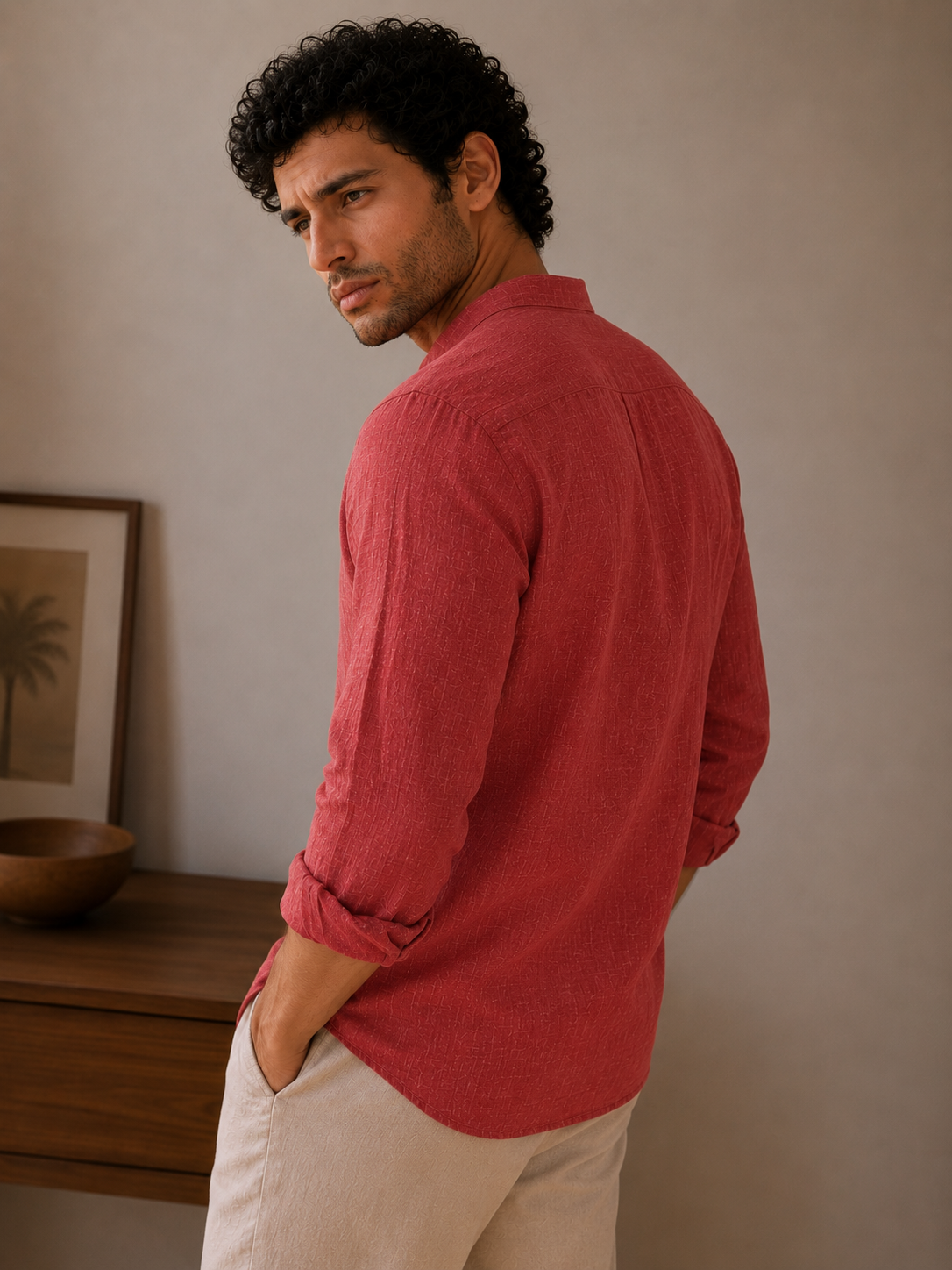 Crimson Red Linen Kurta Shirt - Mandarin Collar