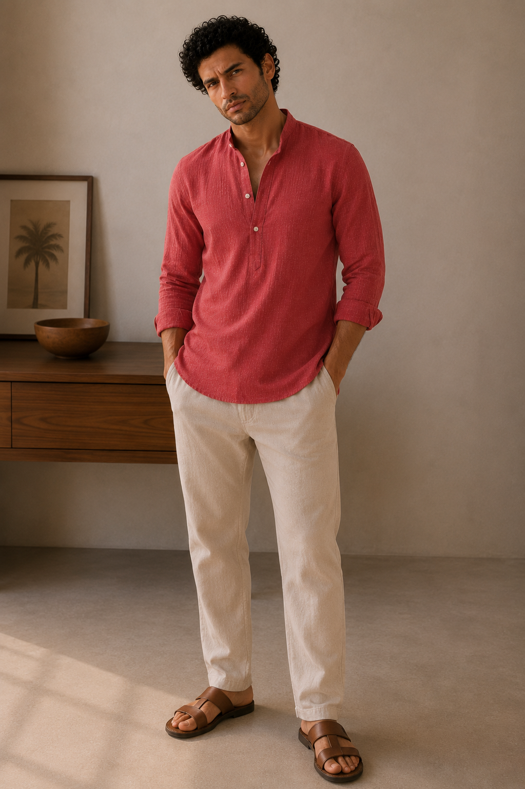 Crimson Red Linen Kurta Shirt - Mandarin Collar