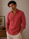 Crimson Red Linen Kurta Shirt - Mandarin Collar