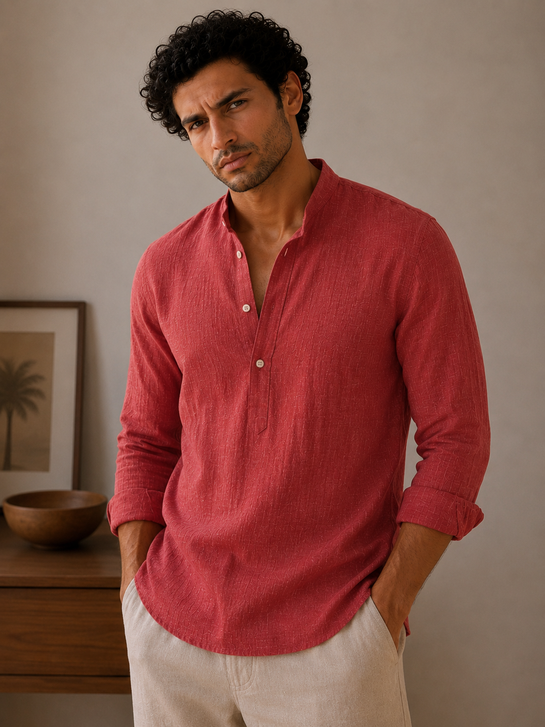 Crimson Red Linen Kurta Shirt - Mandarin Collar