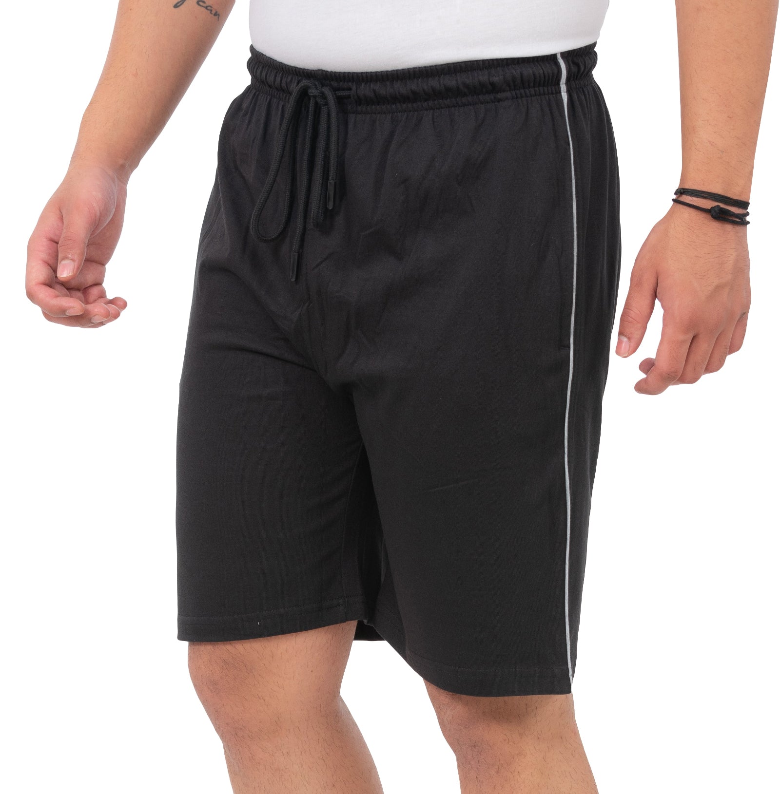 Black shorts with a white stripe on a white background
