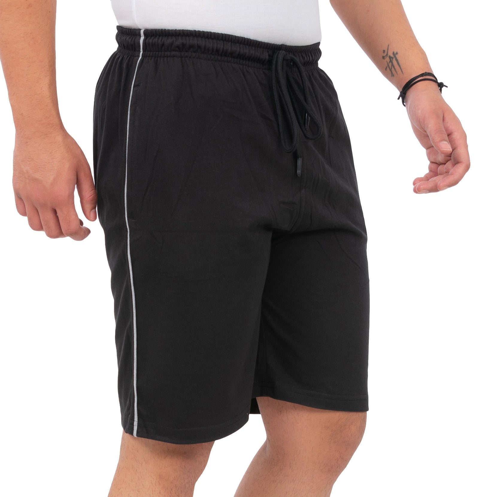 Person wearing black shorts with a white stripe on a white background