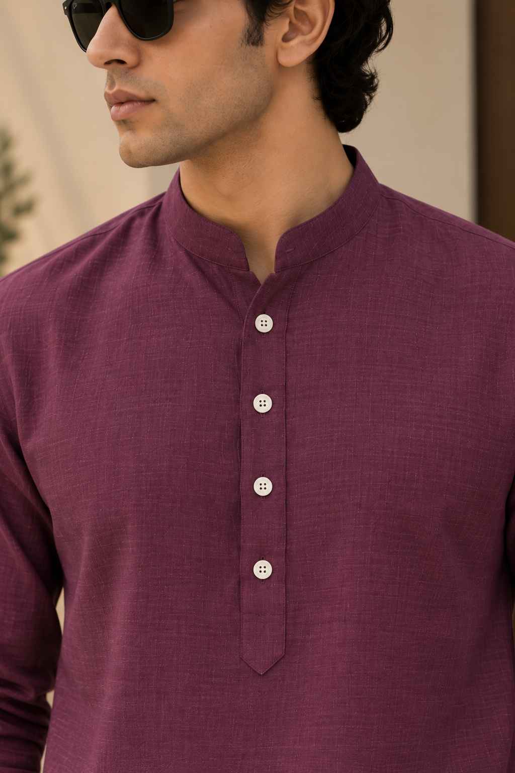 Damson Linen Blend Kurta Shirt - Mandarin Collar