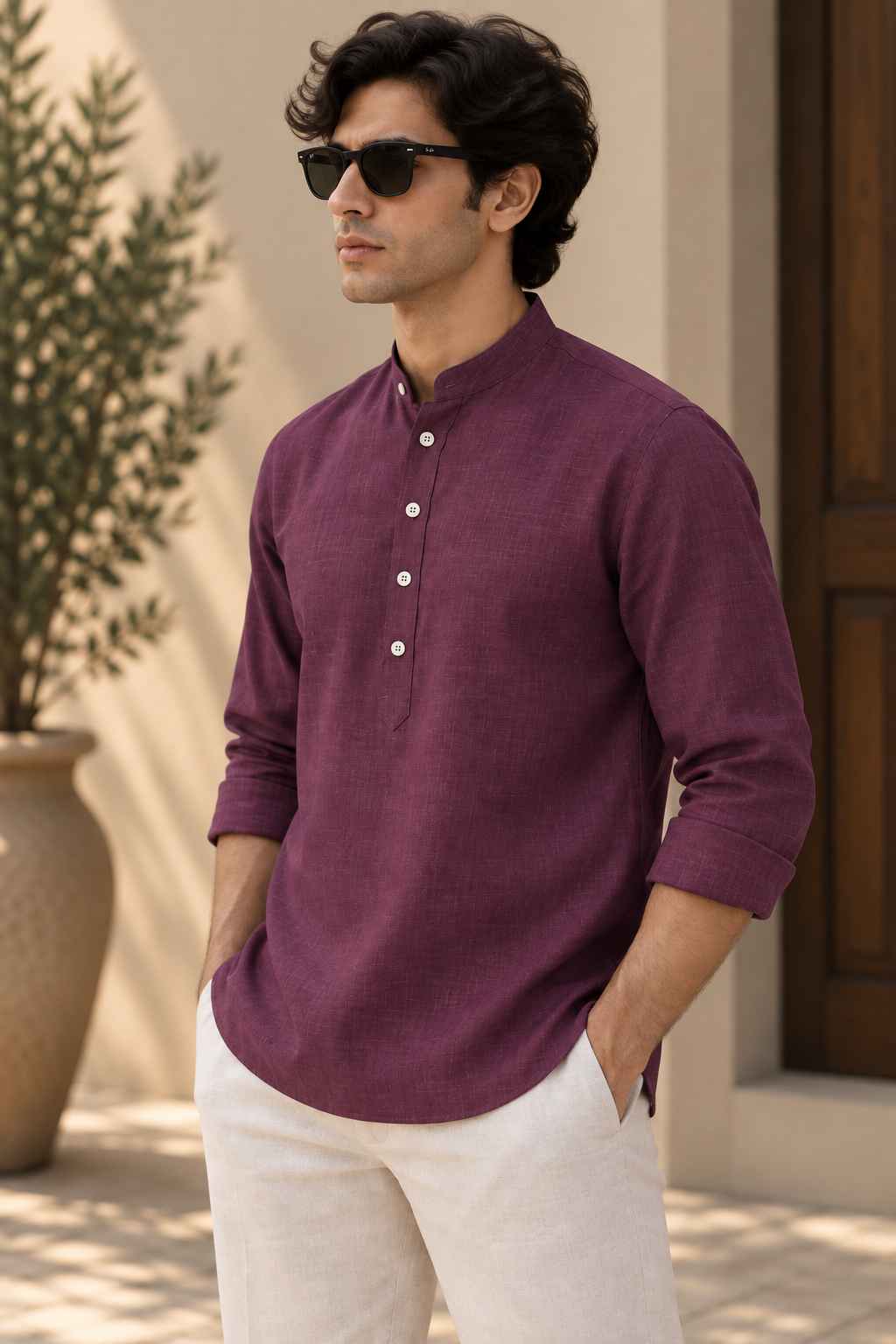 Damson Linen Blend Kurta Shirt - Mandarin Collar