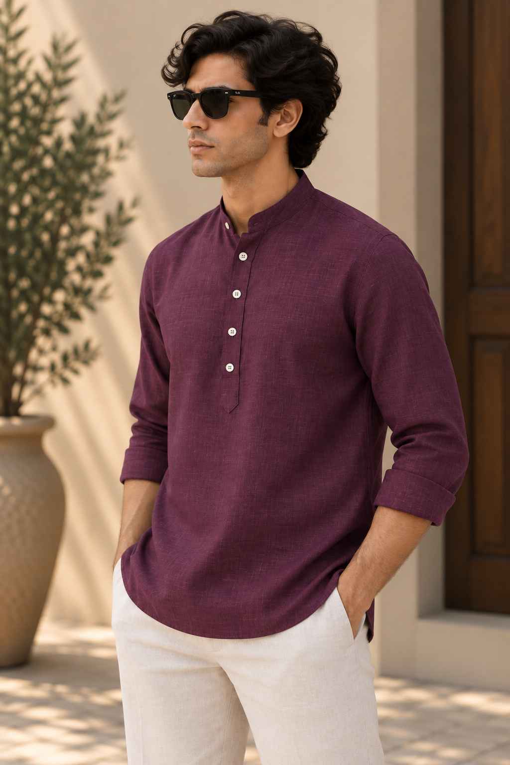 Damson Linen Blend Kurta Shirt - Mandarin Collar