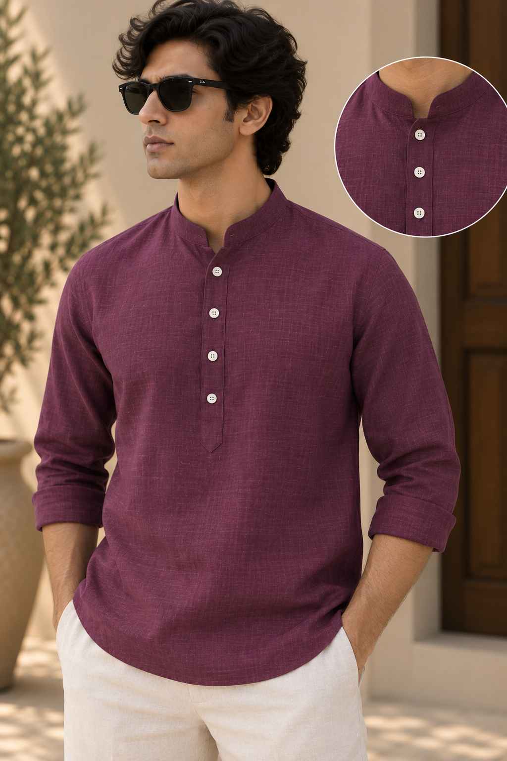 Damson Linen Blend Kurta Shirt - Mandarin Collar