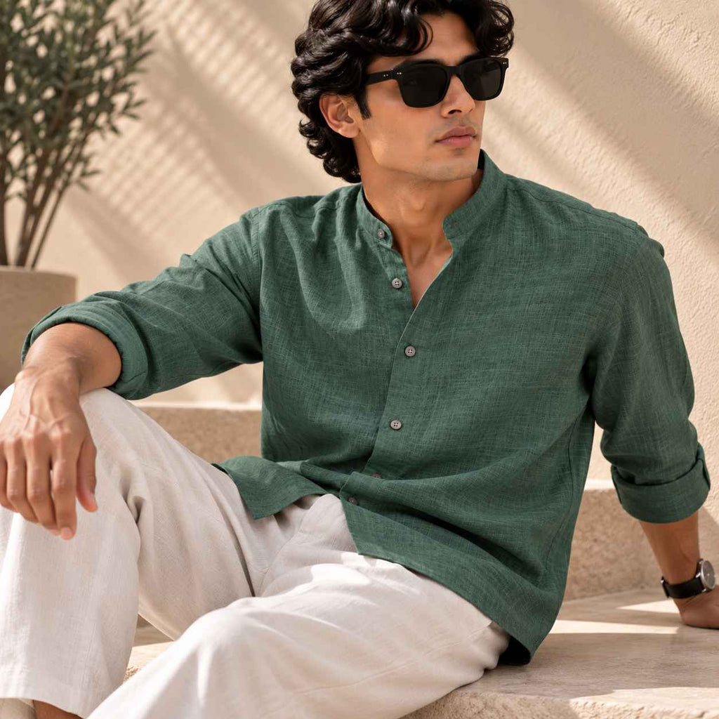 Dark Green Pure Linen Shirt - Mandarin Collar