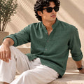 Dark Green Pure Linen Shirt - Mandarin Collar
