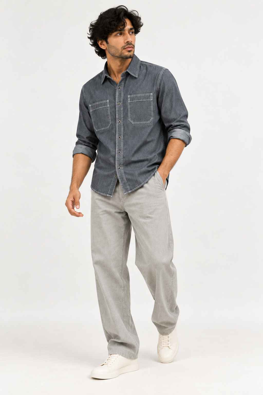 Dark Grey Blue Denim Shirt