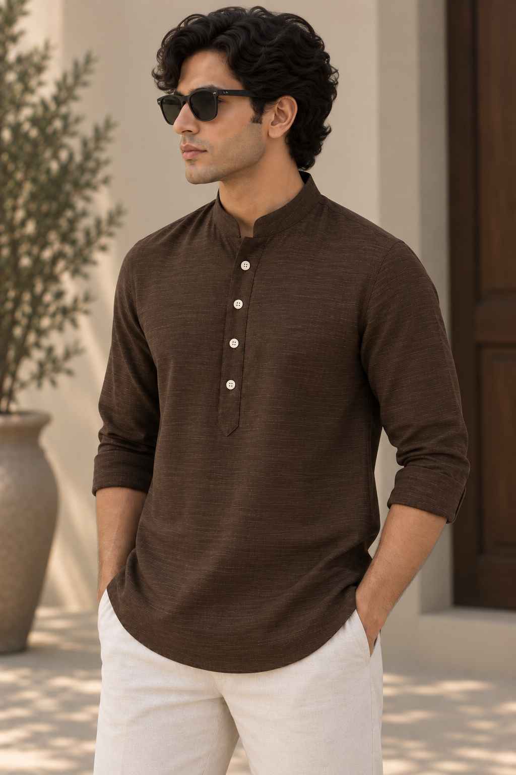 A man wearing a dark brown long-sleeve kurta with a mandarin collar and white pants, standing in a sunlit outdoor setting.
