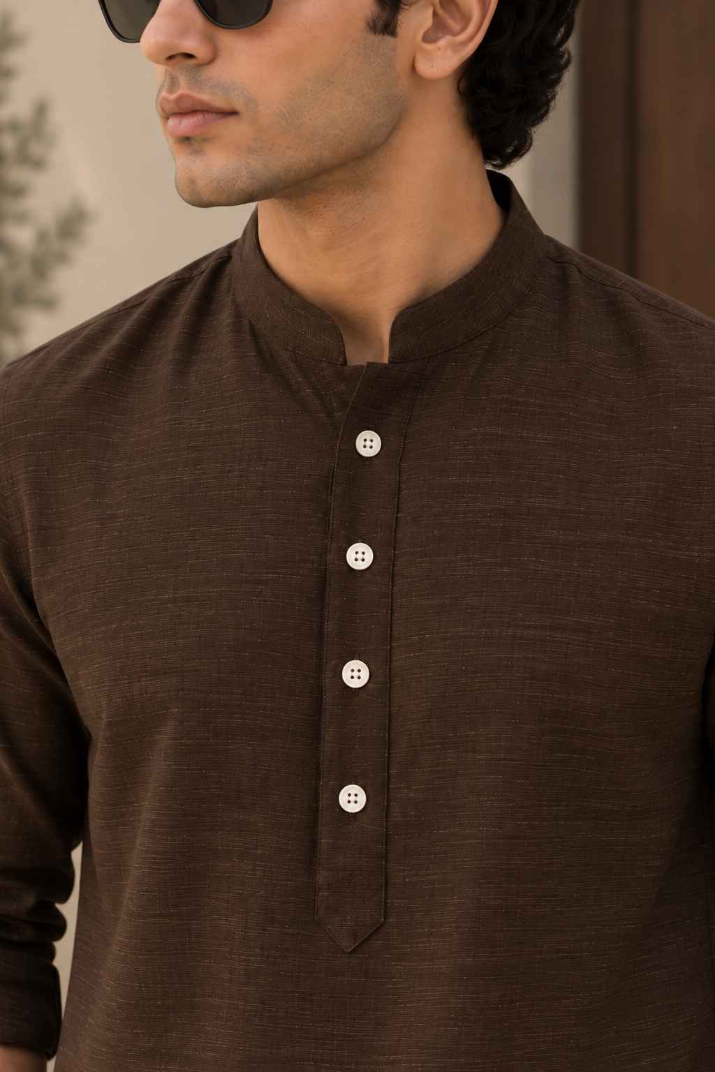 Cocoa Brown Linen Blend Kurta Shirt - Mandarin Collar