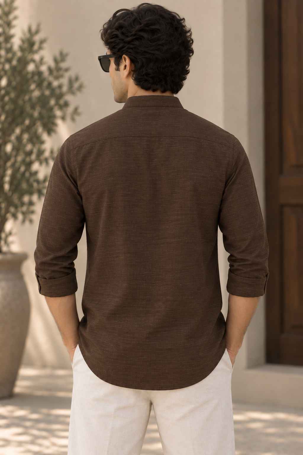 Cocoa Brown Linen Blend Kurta Shirt - Mandarin Collar
