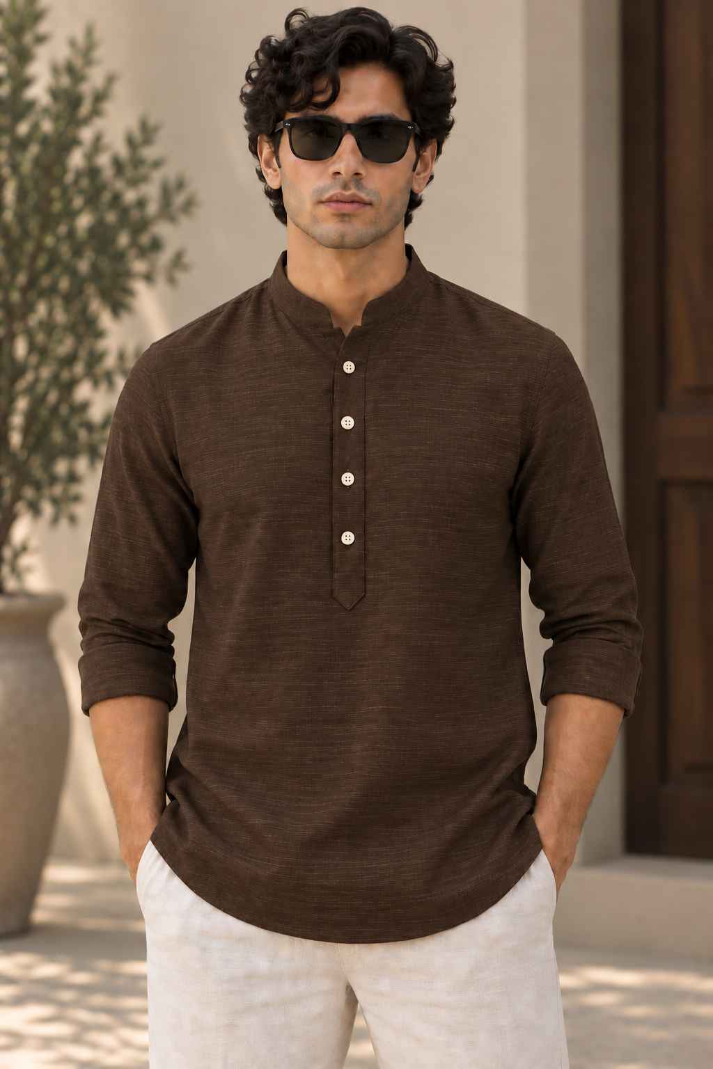 Cocoa Brown Linen Blend Kurta Shirt - Mandarin Collar