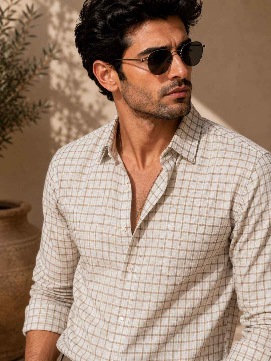 Man wearing a checkered shirt and sunglasses against a neutral background