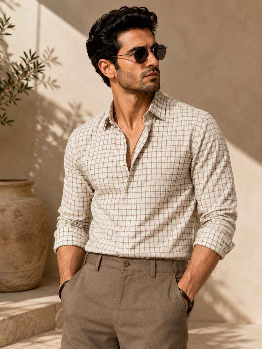 Man wearing a checkered shirt and sunglasses outdoors