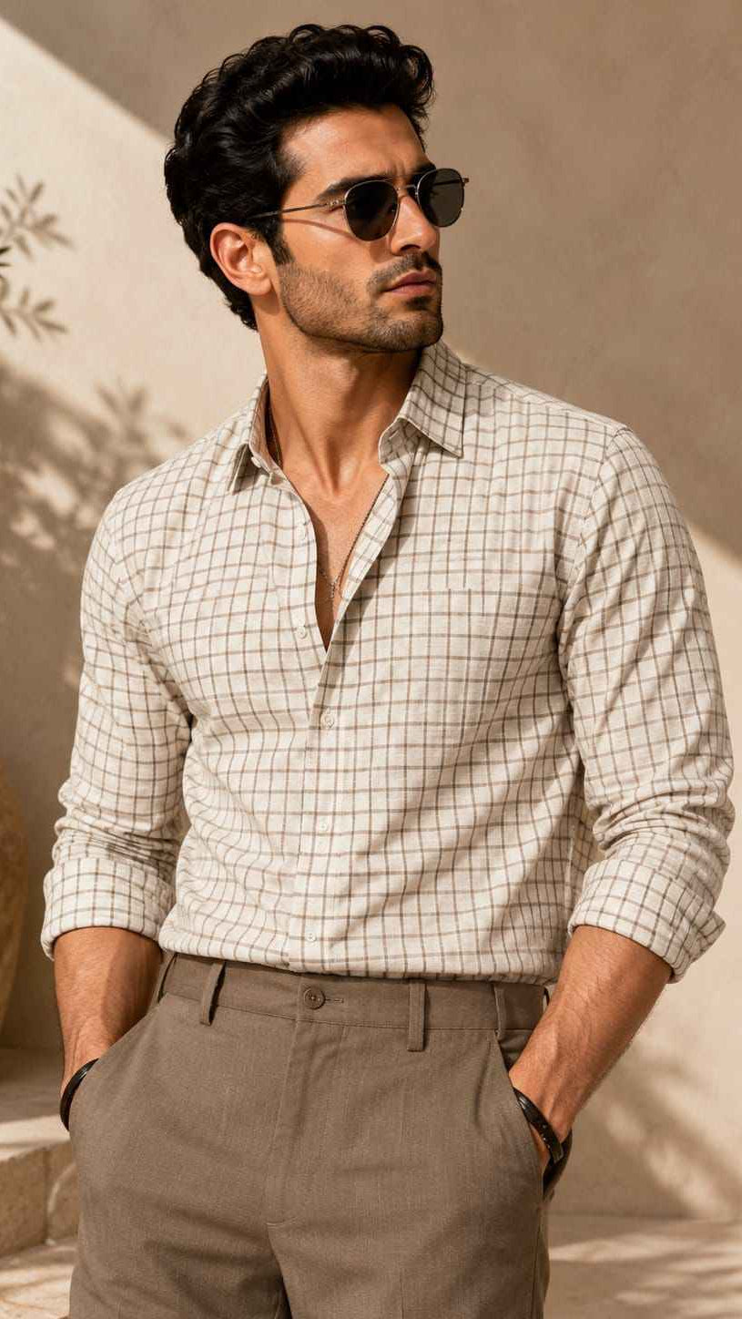 Man wearing a checkered shirt and sunglasses outdoors