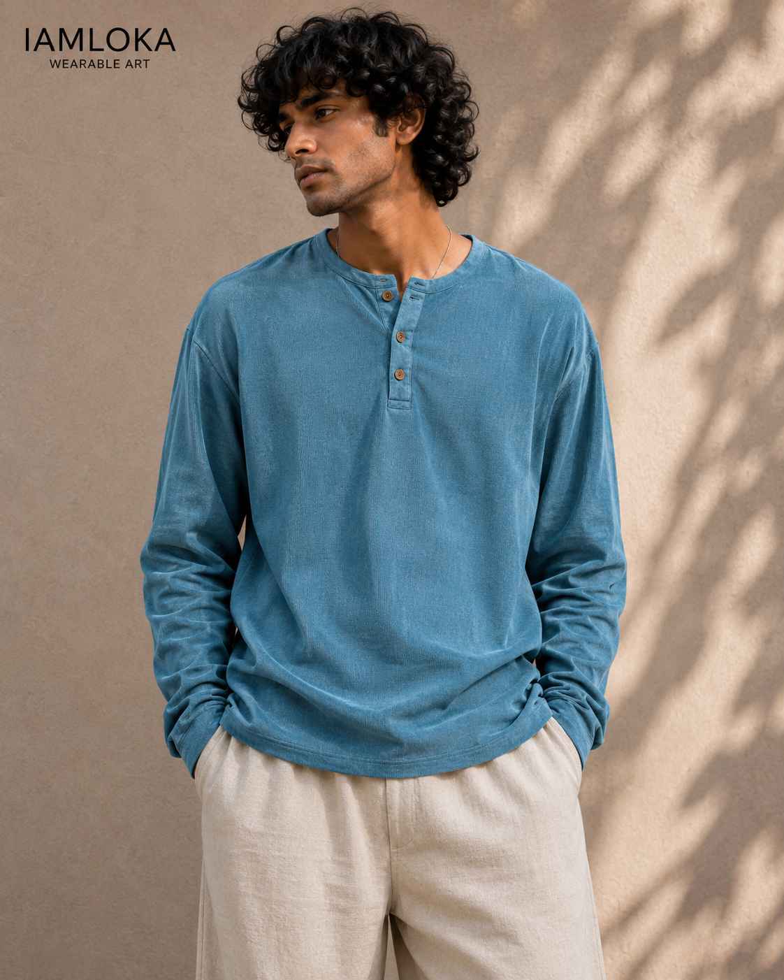 Dusty Denim Henley T-Shirt - Textured Cotton