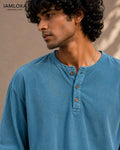 Dusty Denim Henley T-Shirt - Textured Cotton