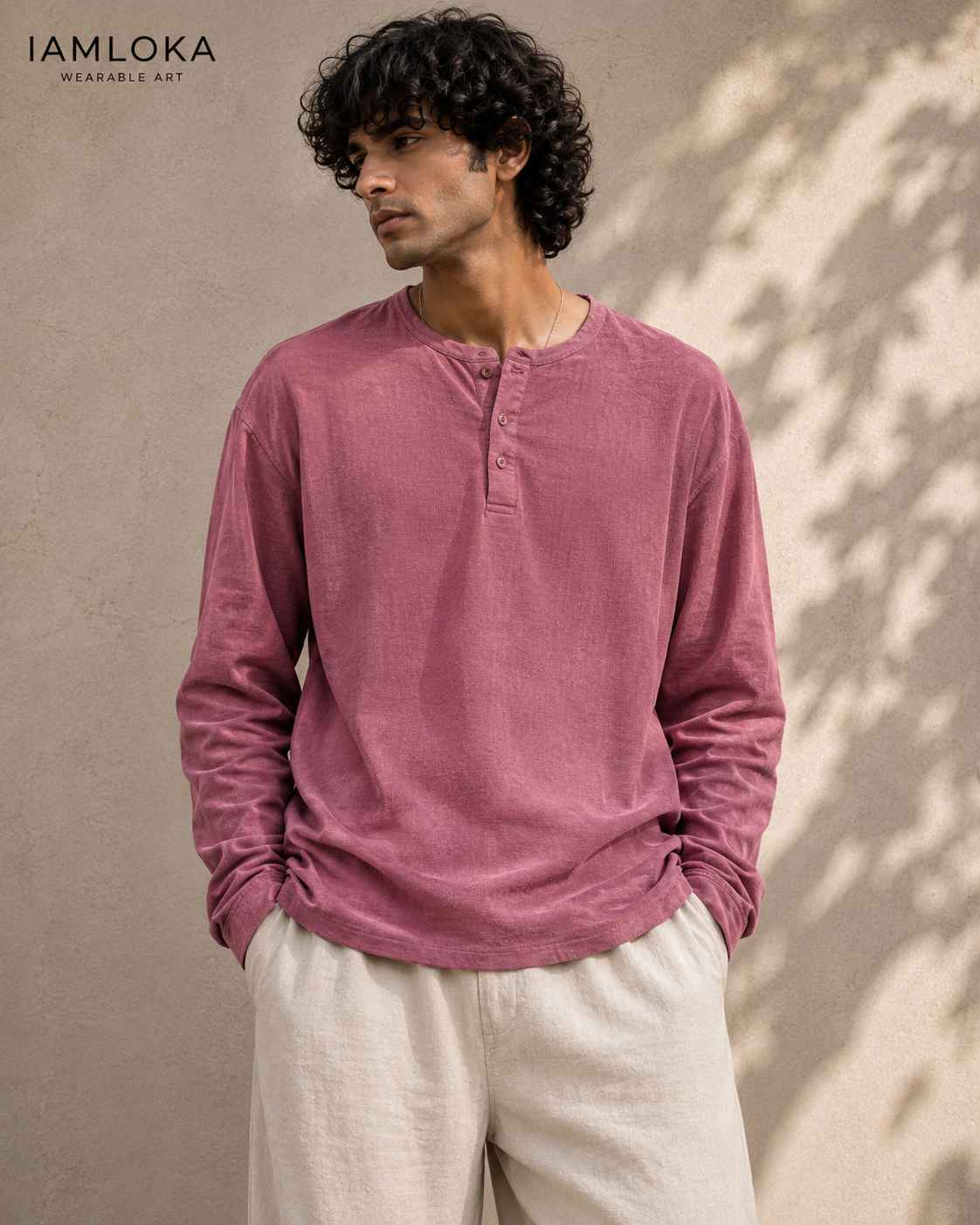 Dusty Rose Henley T-Shirt - Textured Cotton