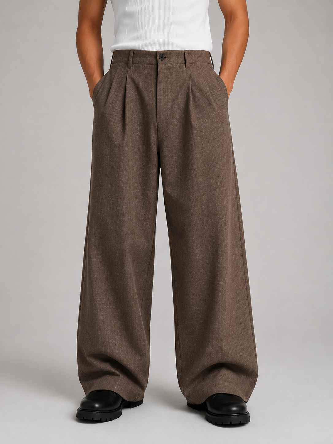 Cotton Baggy Fit Pants — Espresso Check