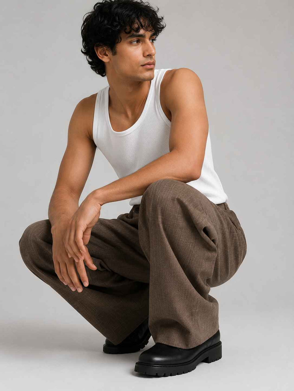 Cotton Baggy Fit Pants — Espresso Check