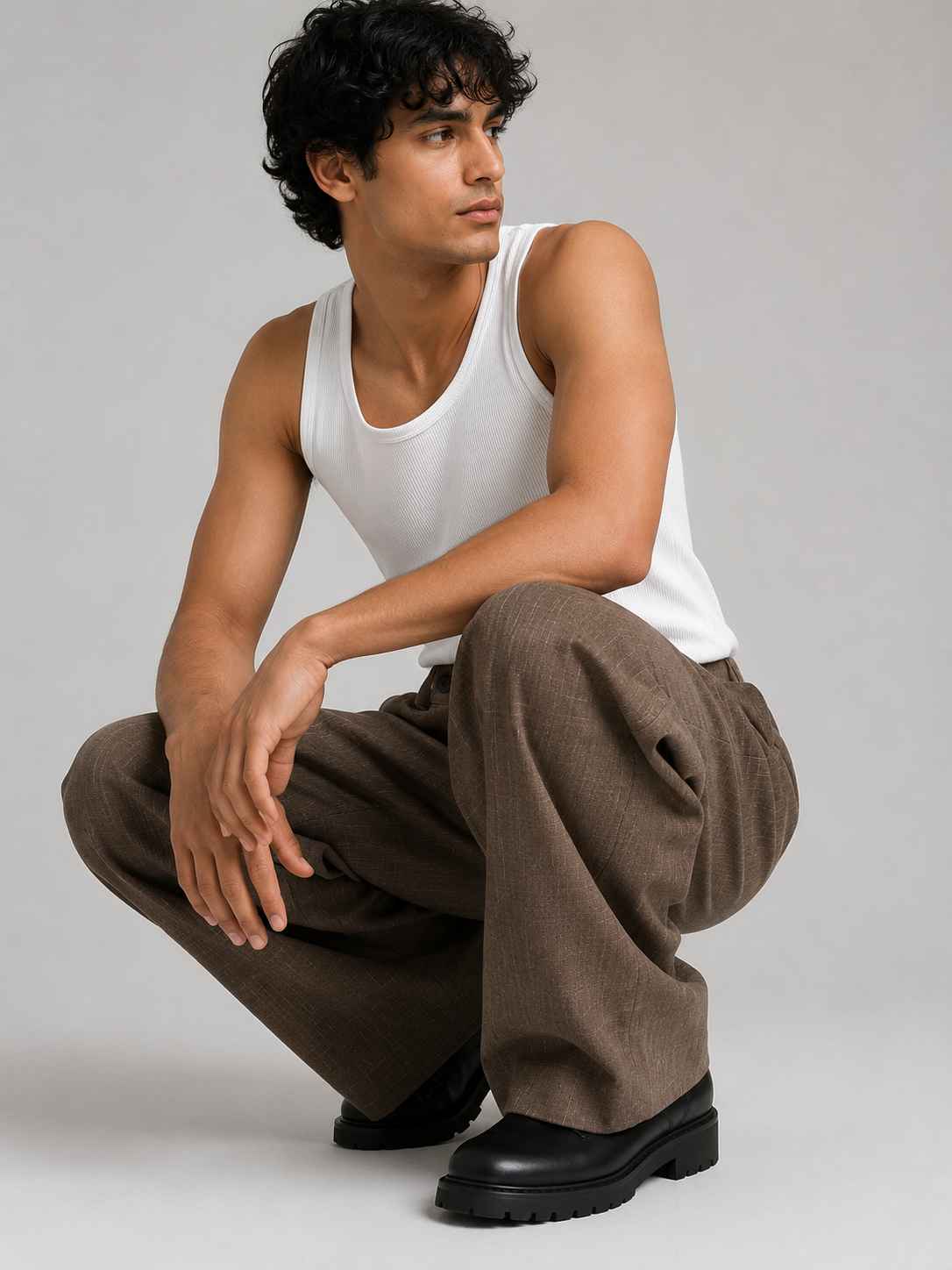 Cotton Baggy Fit Pants — Espresso Check