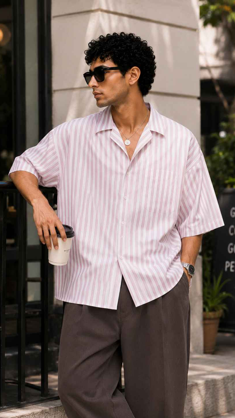 Man in a striped shirt and sunglasses holding a coffee cup, standing on a street.
