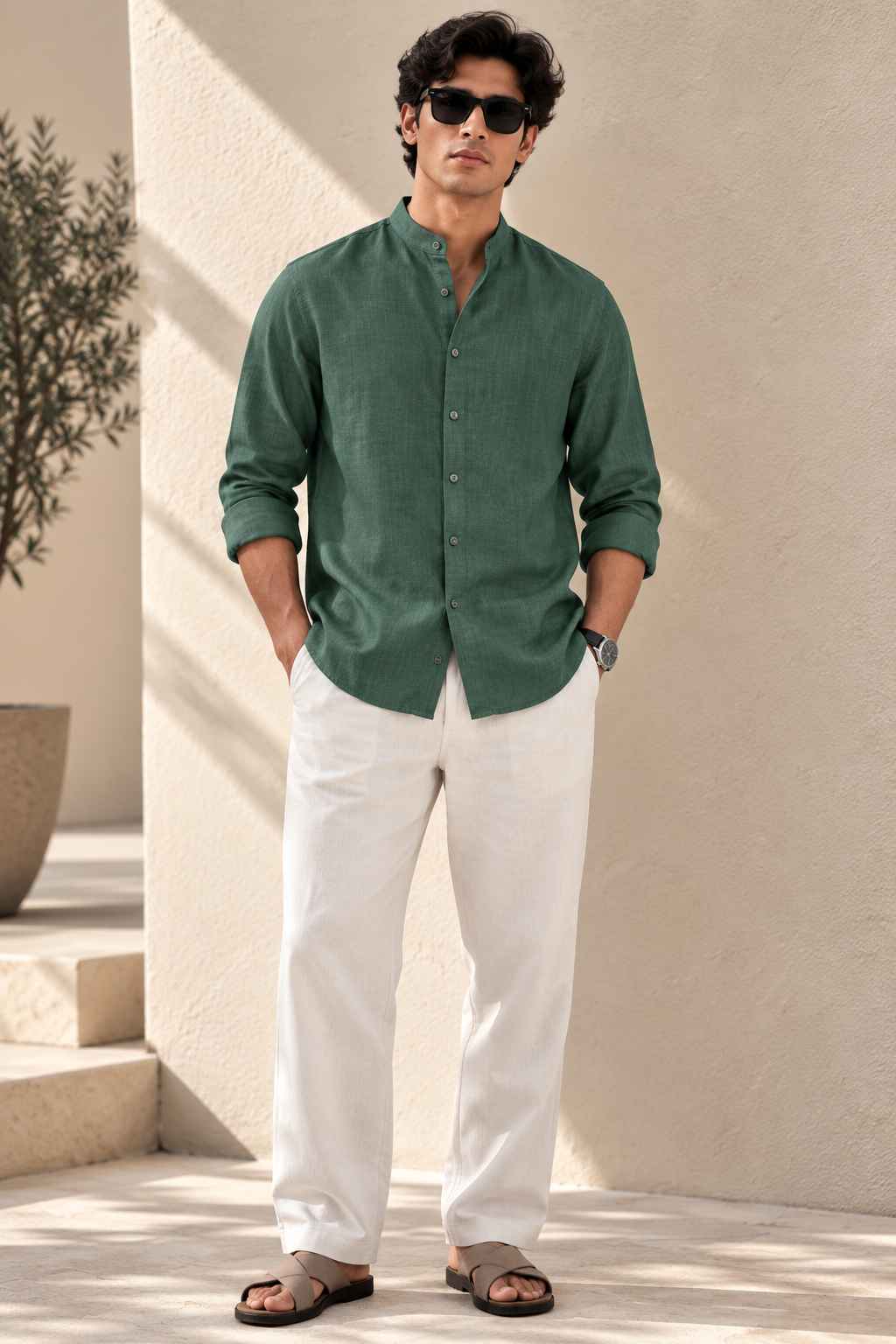 Dark Green Pure Linen Shirt - Mandarin Collar