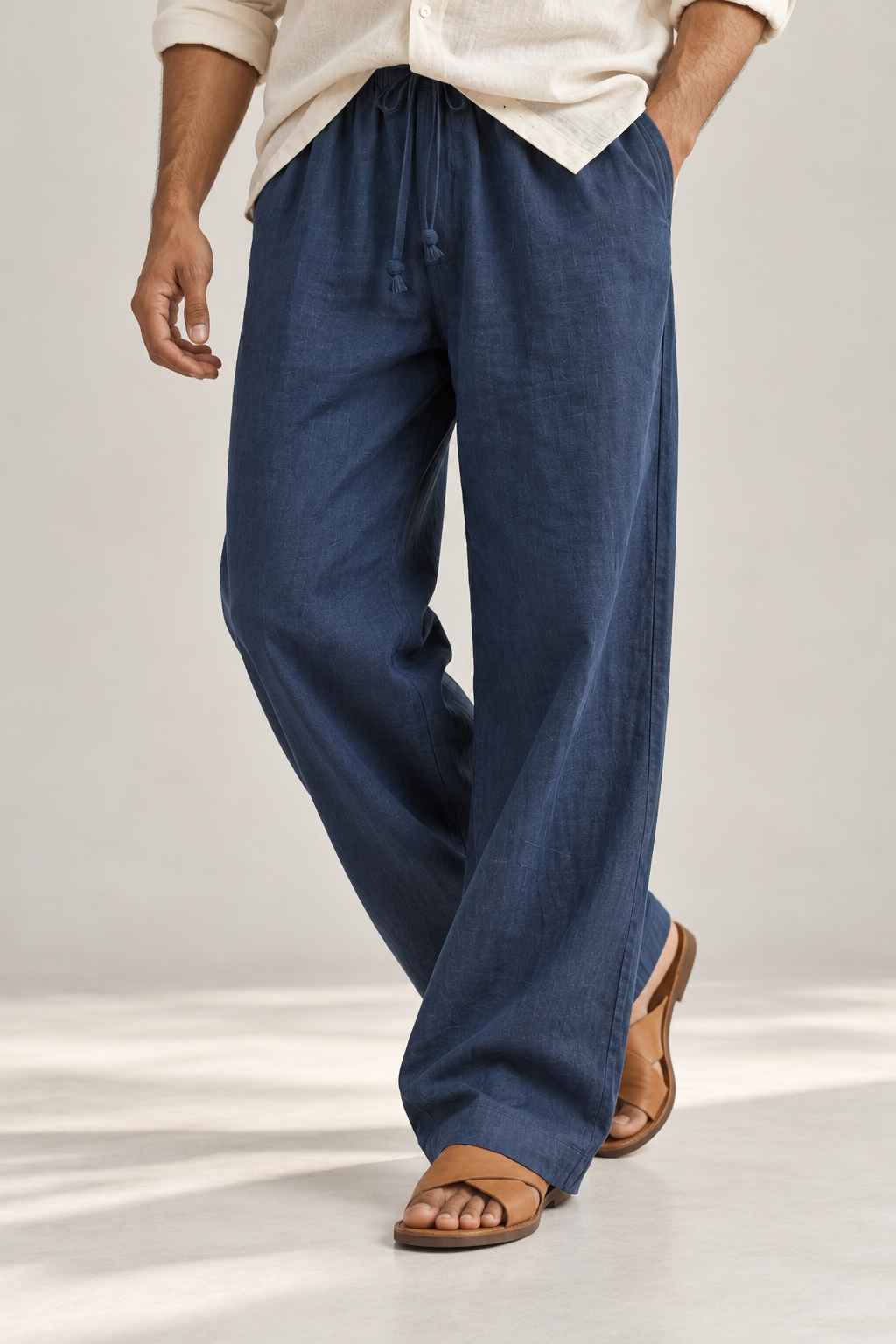 Indigo Blue Pure Linen Pants - Relaxed Fit