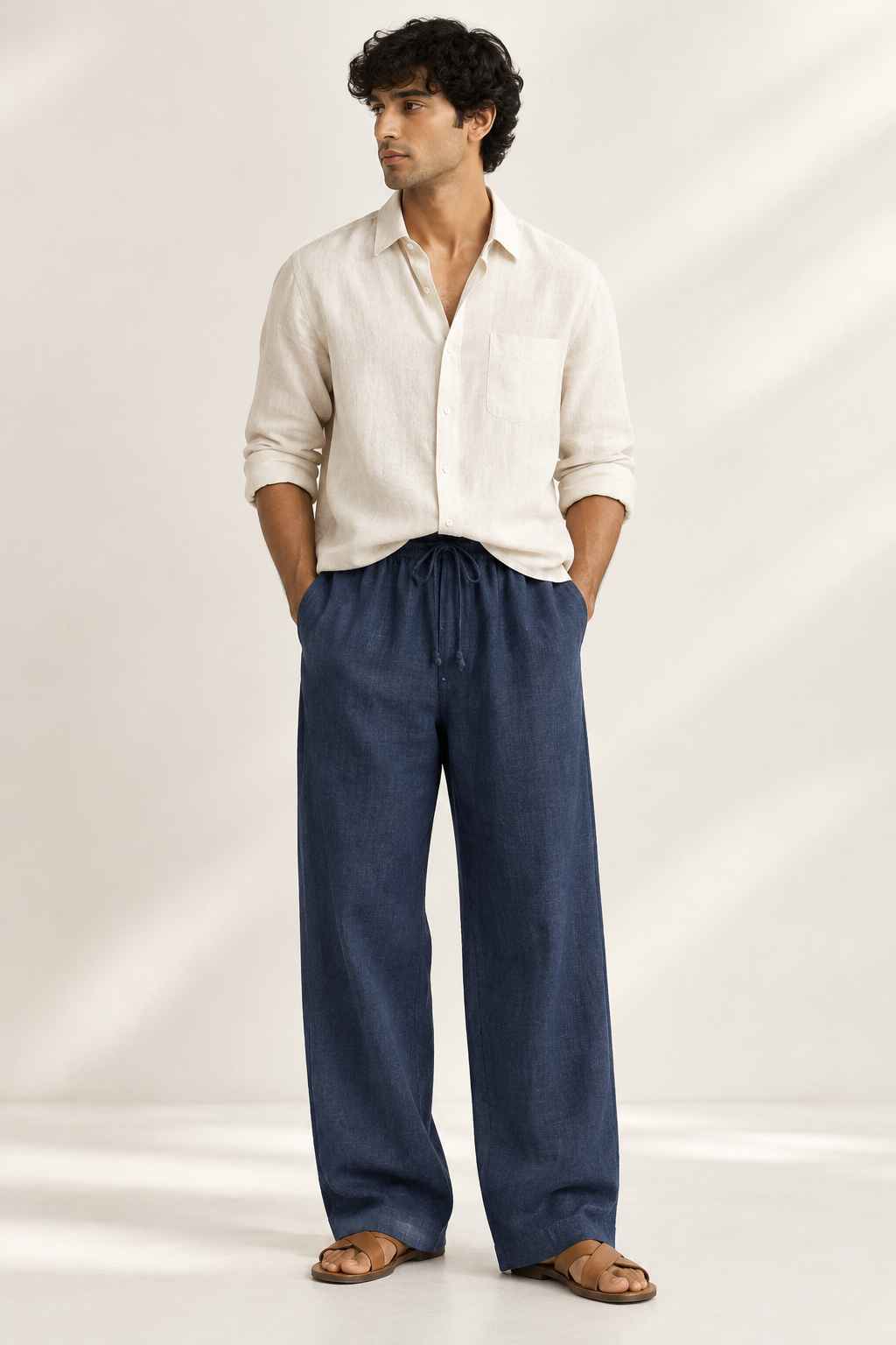 Indigo Blue Pure Linen Pants - Relaxed Fit
