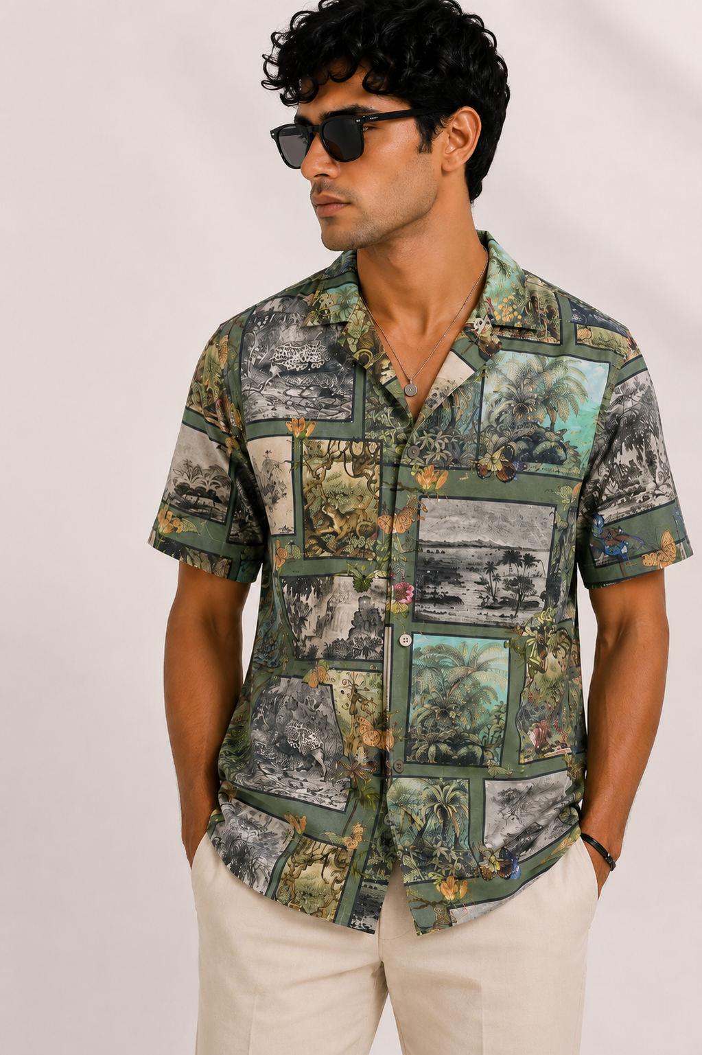 Man wearing a patterned shirt and sunglasses against a plain background