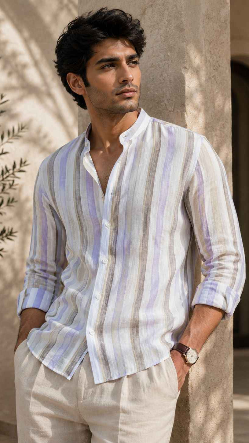 Man wearing a striped shirt and light pants standing against a neutral wall with plants.